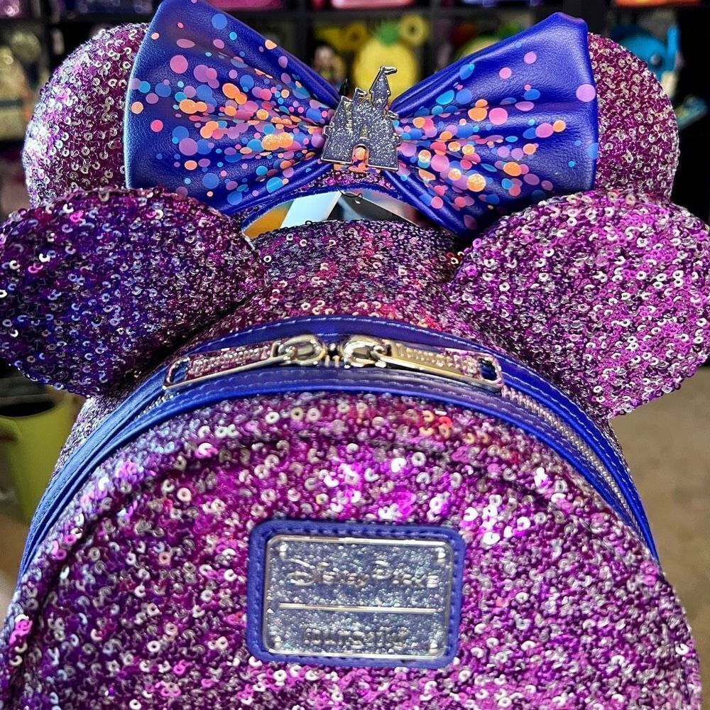 Purple & Silver Disney Parks Sequin Loungefly Mini Backpack & Ears NWT - Picture 5 of 13